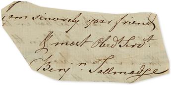 TALLMADGE, BENJAMIN. Fragment of an Autograph Letter, with Franking Signature on verso (Free / B. Tallmadge), to Oliver Wolcott,